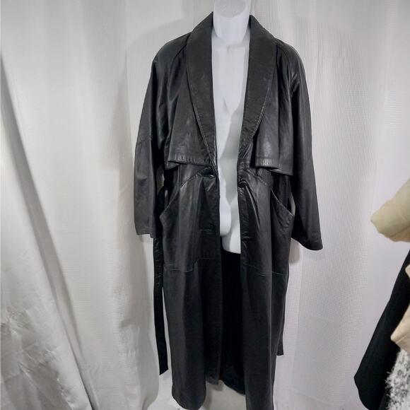 G-III LEATHER! GORGEOUS BLACK GENUINE LEATHER FULL LENGTH TRENCH COAT! SZ M - Picture 3 of 14